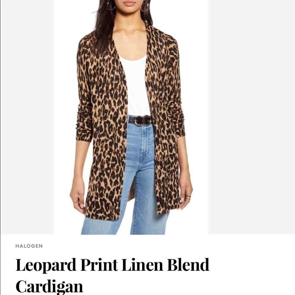 HALOGEN Linen Blend Leopard Print Cardigan Sweater SZ Small